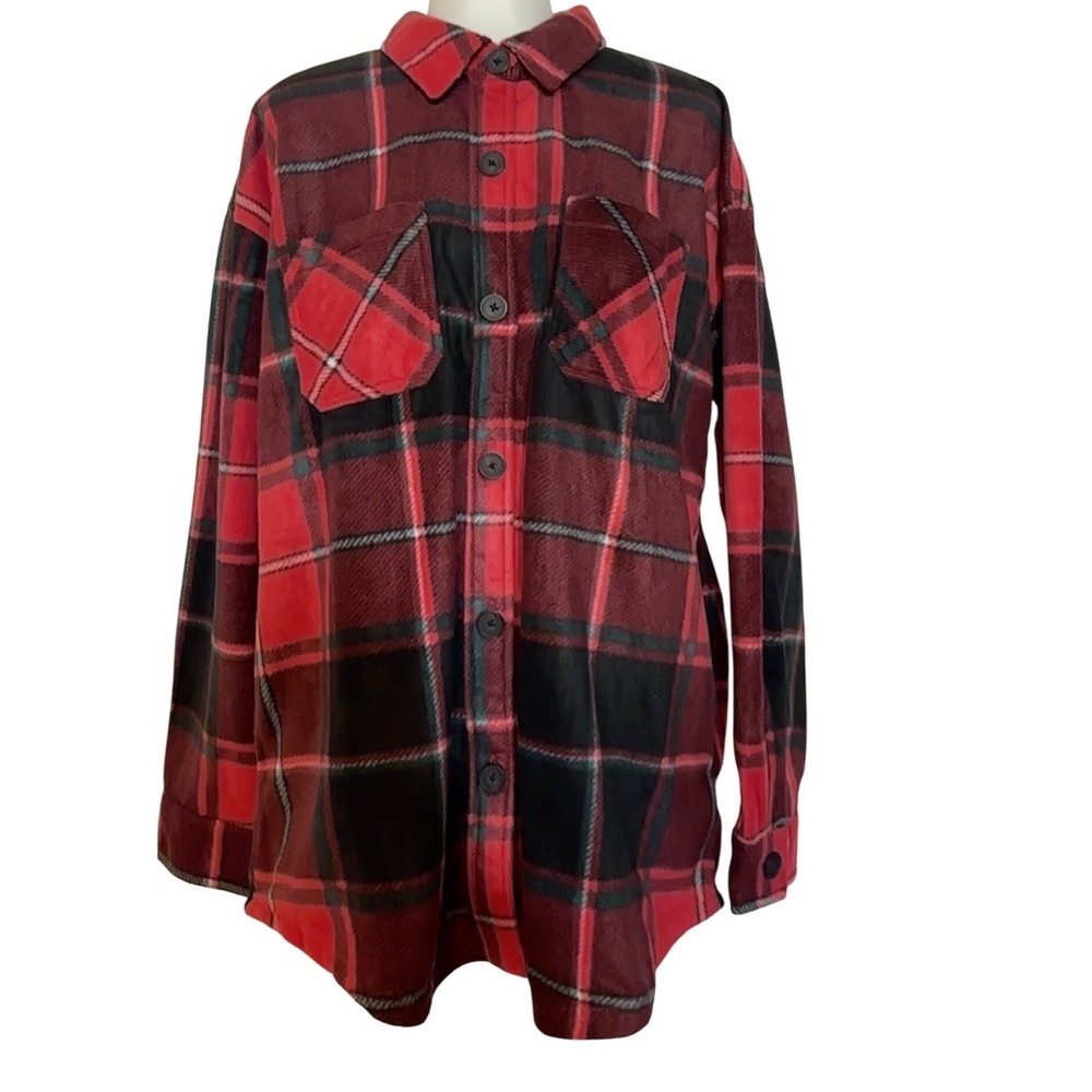 Maurices Red Black Plaid Flannel Shirt Jacket Shacket Oversized Women's Large